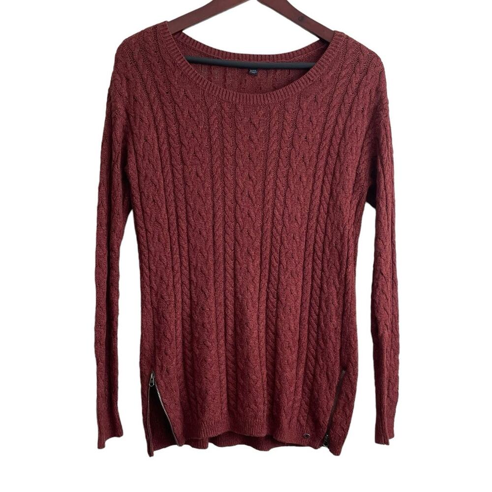 American Eagle Womens Sweater M Rust Cable Knit Crew Neck‎ Pullover Zipper Sides